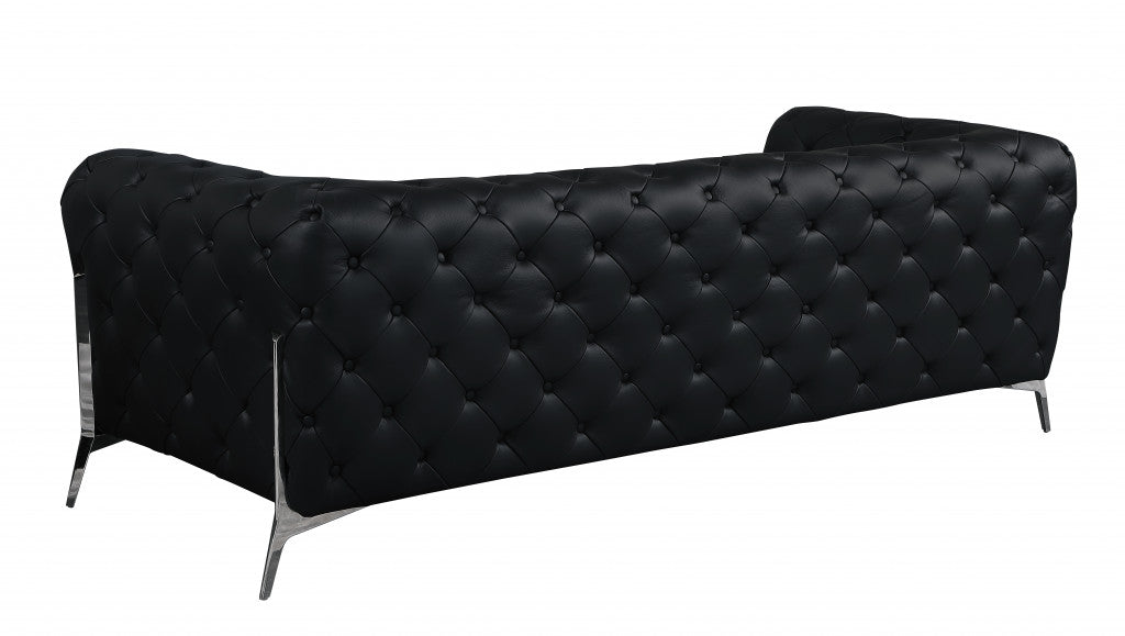 Black Italian Leather Chesterfield Sofa With Silver Legs