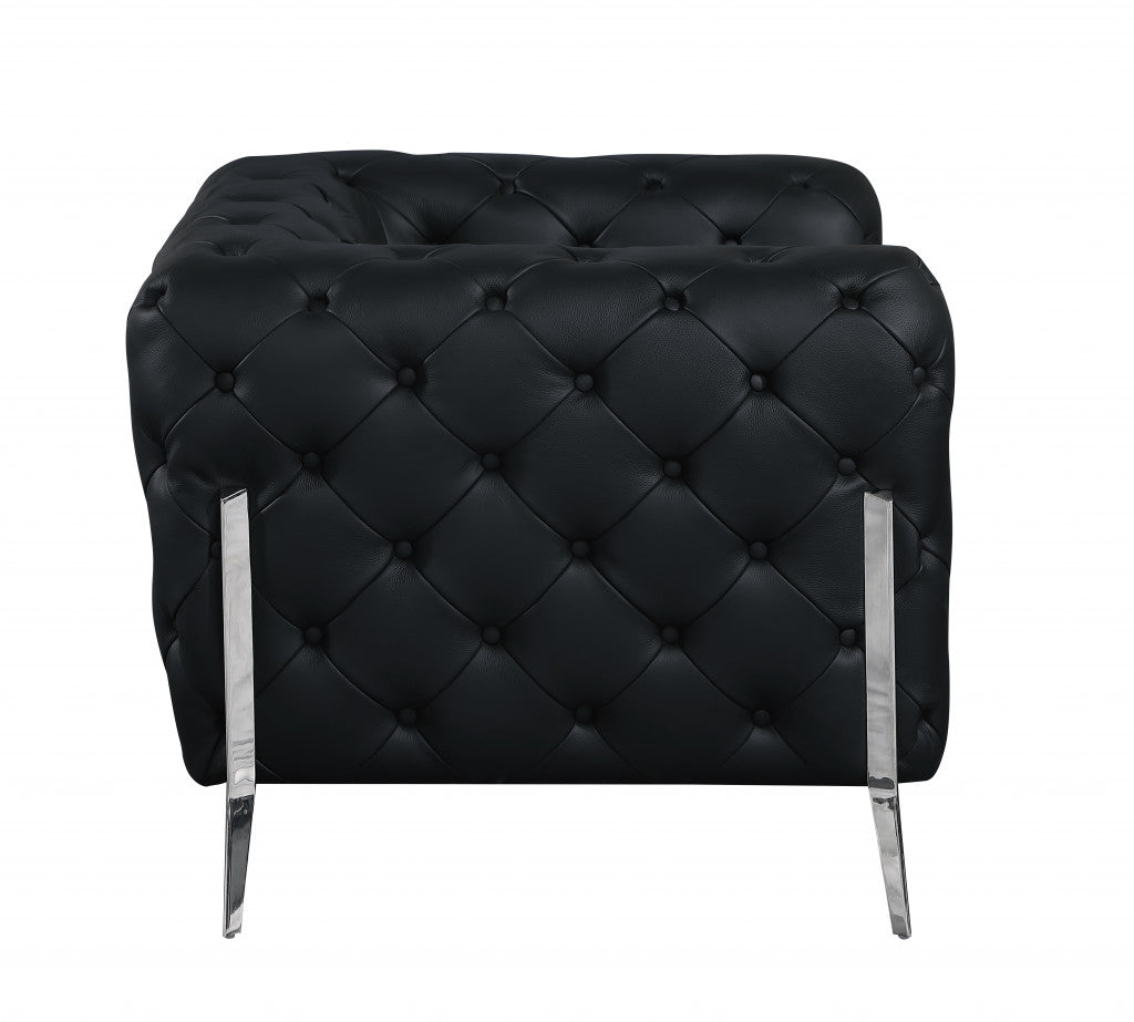 Black Italian Leather Chesterfield Sofa With Silver Legs