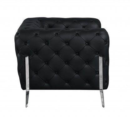 Black Italian Leather Chesterfield Sofa With Silver Legs