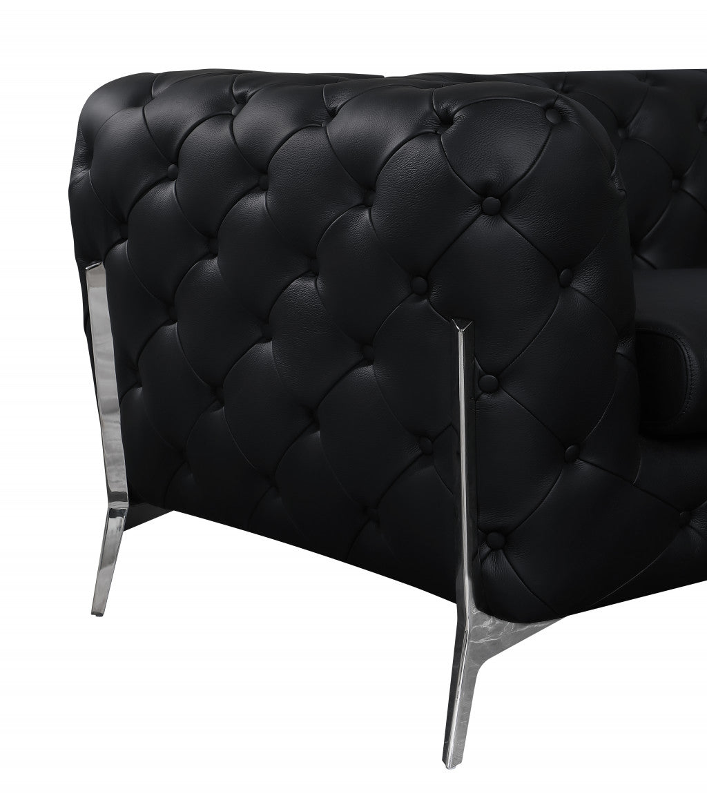 Black Italian Leather Chesterfield Sofa With Silver Legs