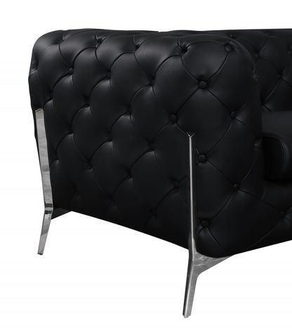 Black Italian Leather Chesterfield Sofa With Silver Legs