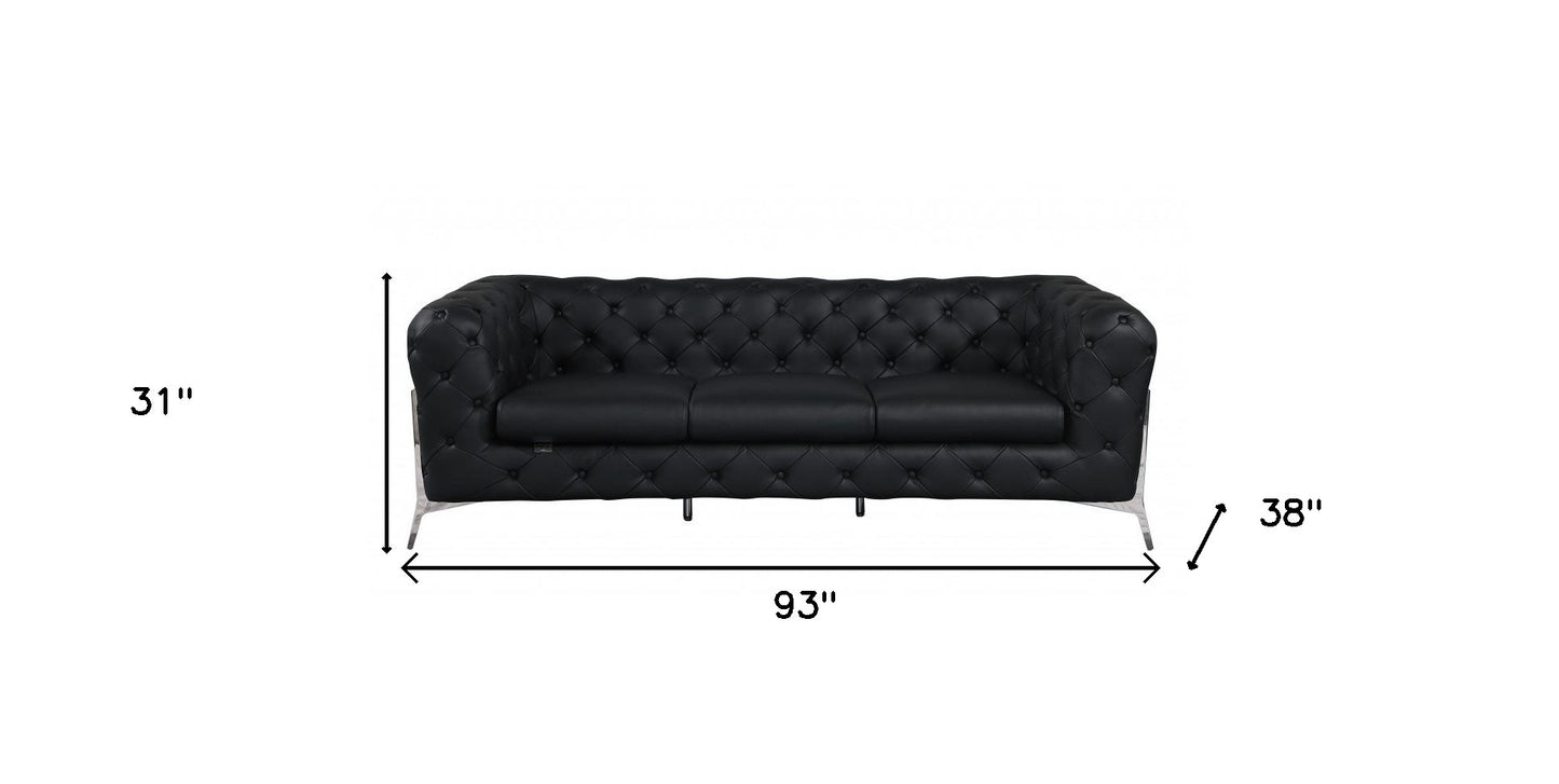 Black Italian Leather Chesterfield Sofa With Silver Legs