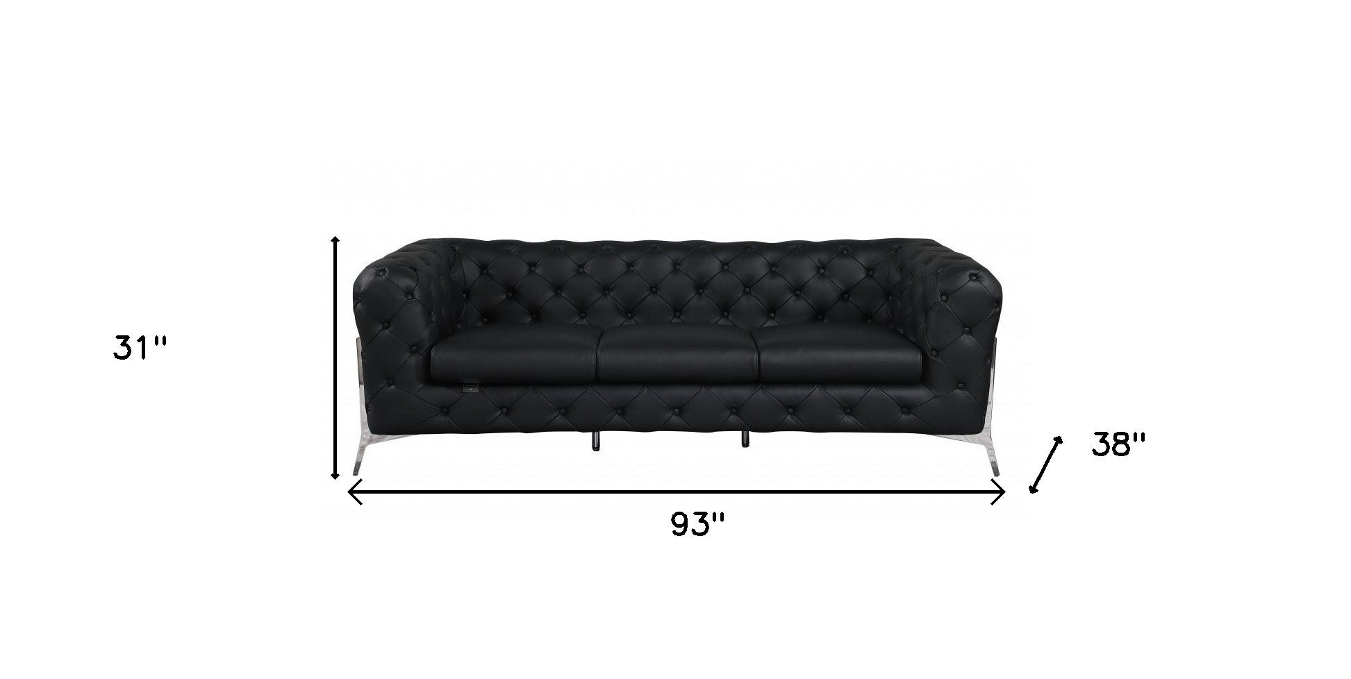 Black Italian Leather Chesterfield Sofa With Silver Legs