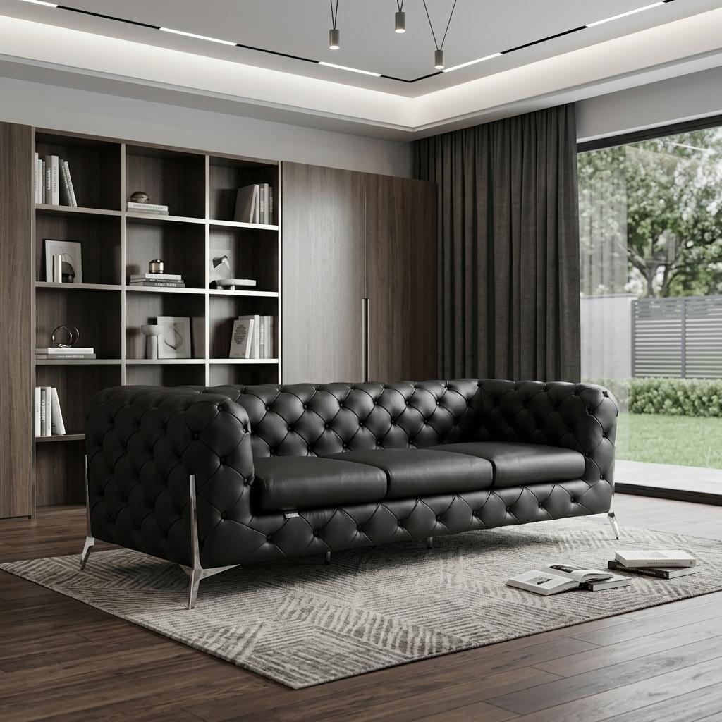 Black Italian Leather Chesterfield Sofa With Silver Legs