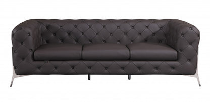 Brown Italian Leather Chesterfield Sofa With Silver Legs