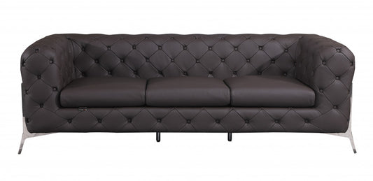 Brown Italian Leather Chesterfield Sofa With Silver Legs