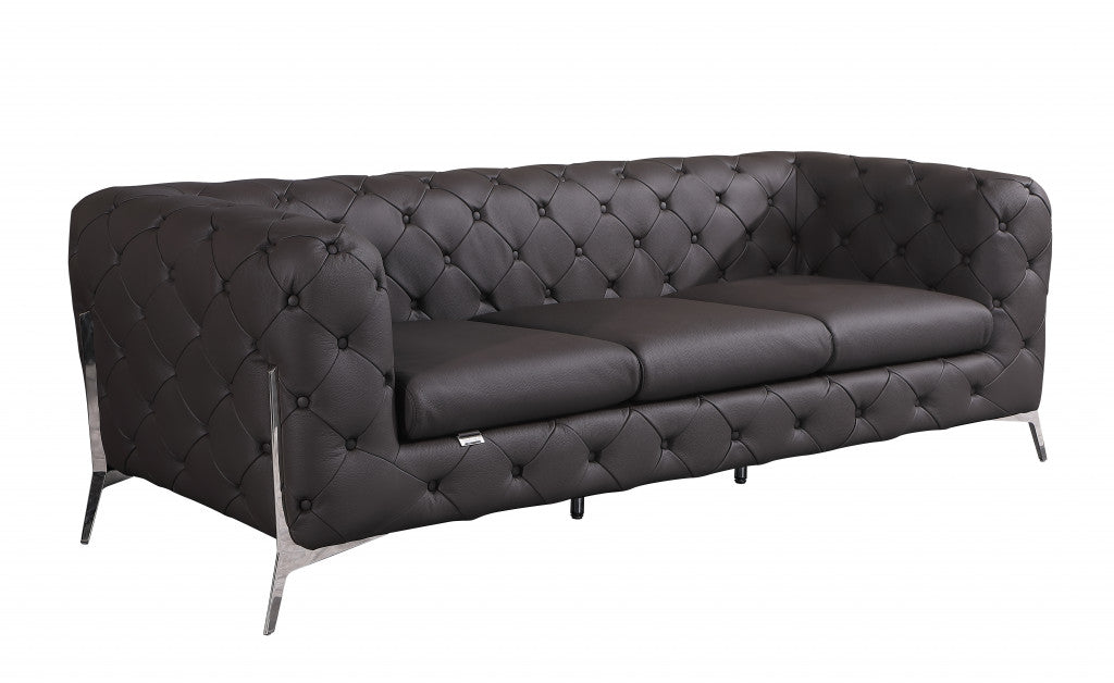 Brown Italian Leather Chesterfield Sofa With Silver Legs
