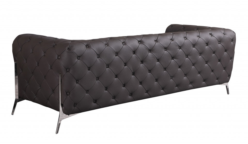 Brown Italian Leather Chesterfield Sofa With Silver Legs