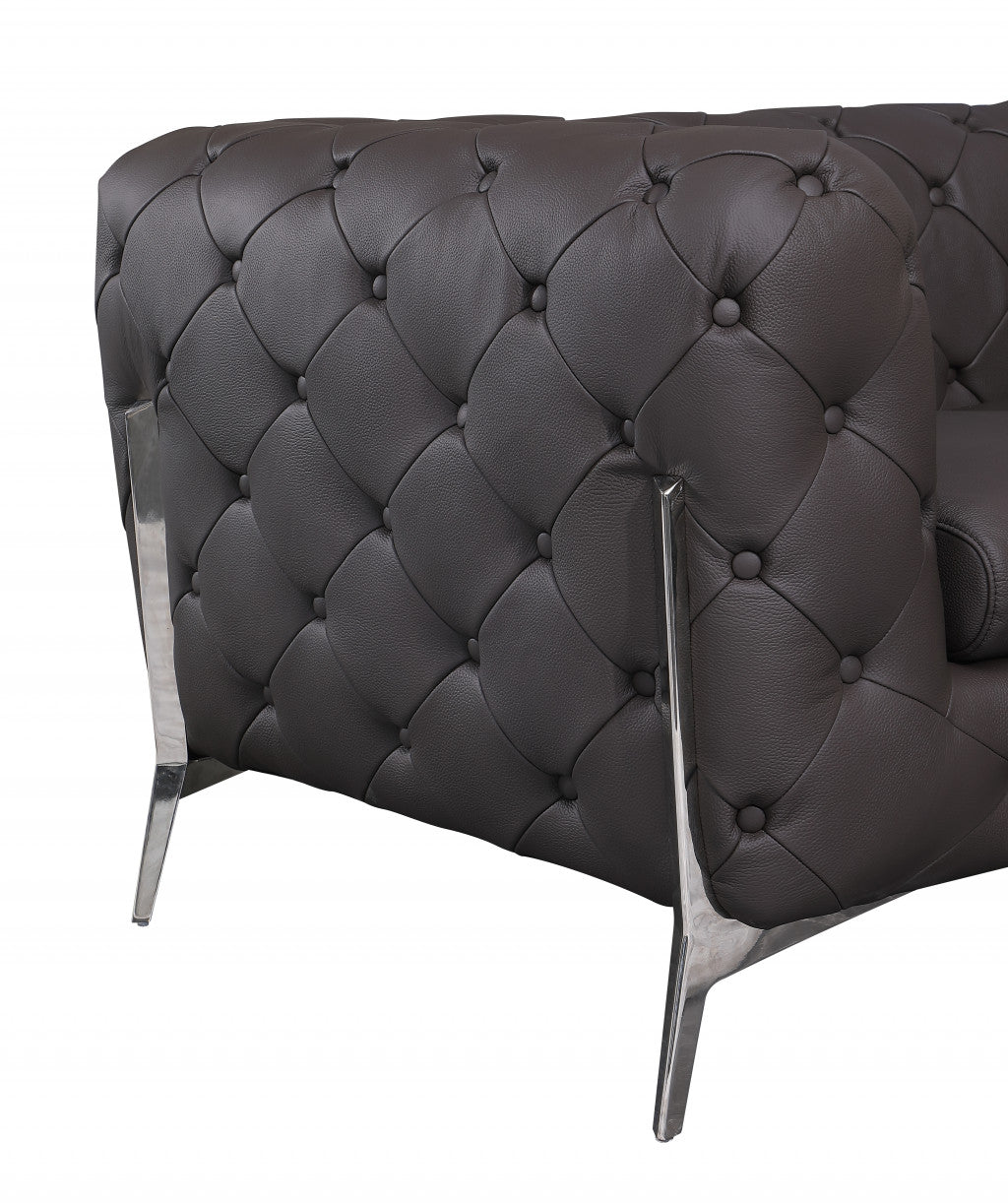 Brown Italian Leather Chesterfield Sofa With Silver Legs