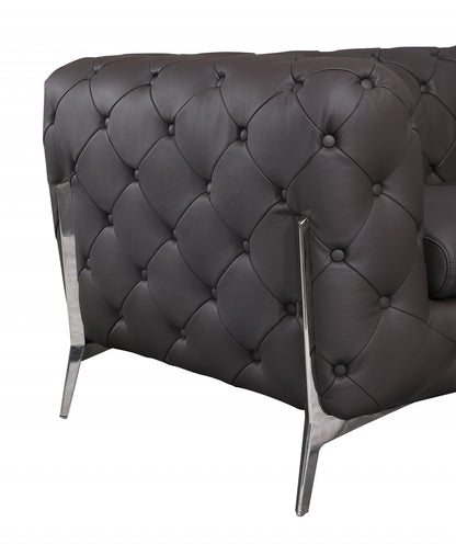 Brown Italian Leather Chesterfield Sofa With Silver Legs