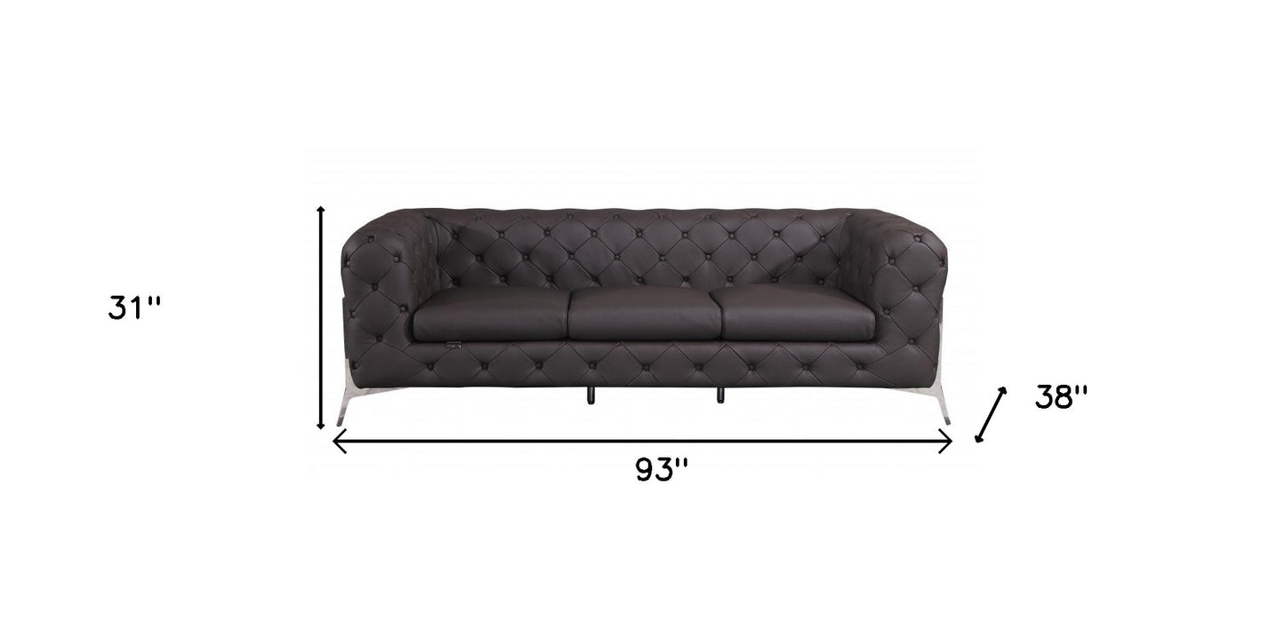 Brown Italian Leather Chesterfield Sofa With Silver Legs