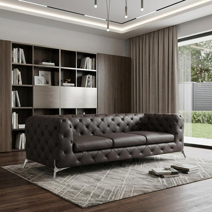 Brown Italian Leather Chesterfield Sofa With Silver Legs