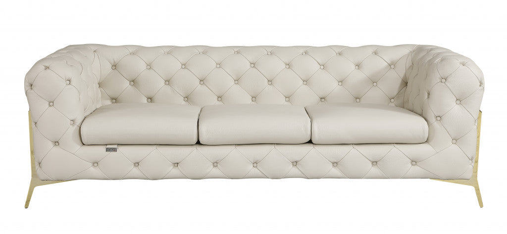Beige Italian Leather Chesterfield Sofa With Silver Legs