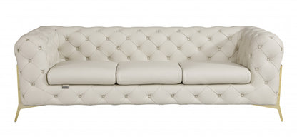 Beige Italian Leather Chesterfield Sofa With Silver Legs