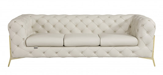 Beige Italian Leather Chesterfield Sofa With Silver Legs