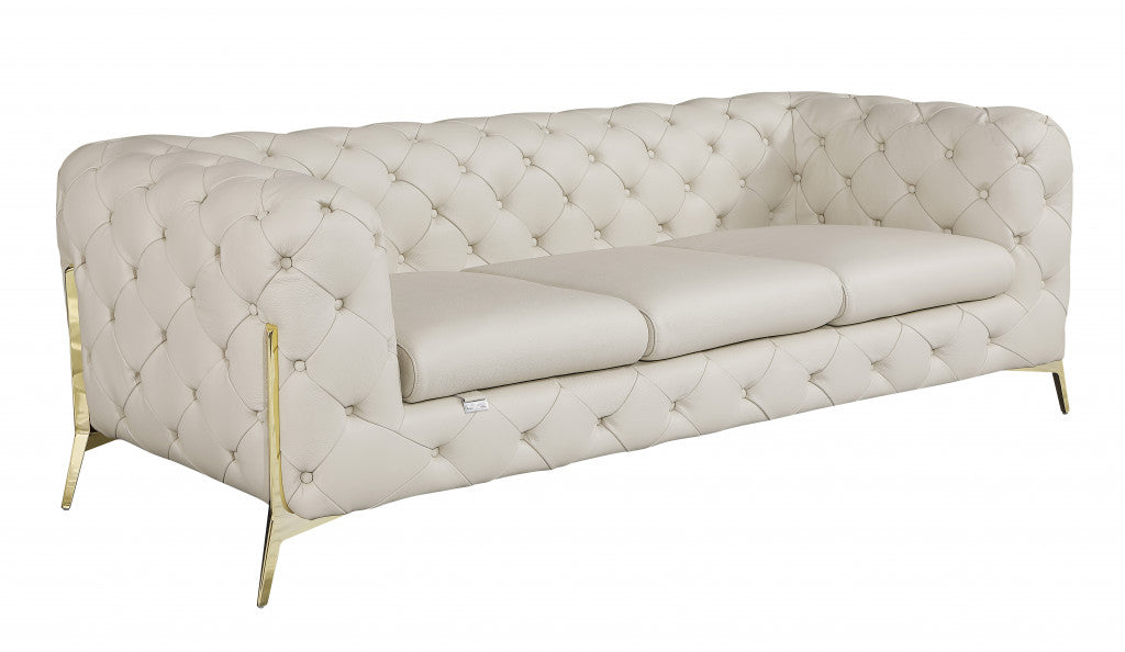 Beige Italian Leather Chesterfield Sofa With Silver Legs