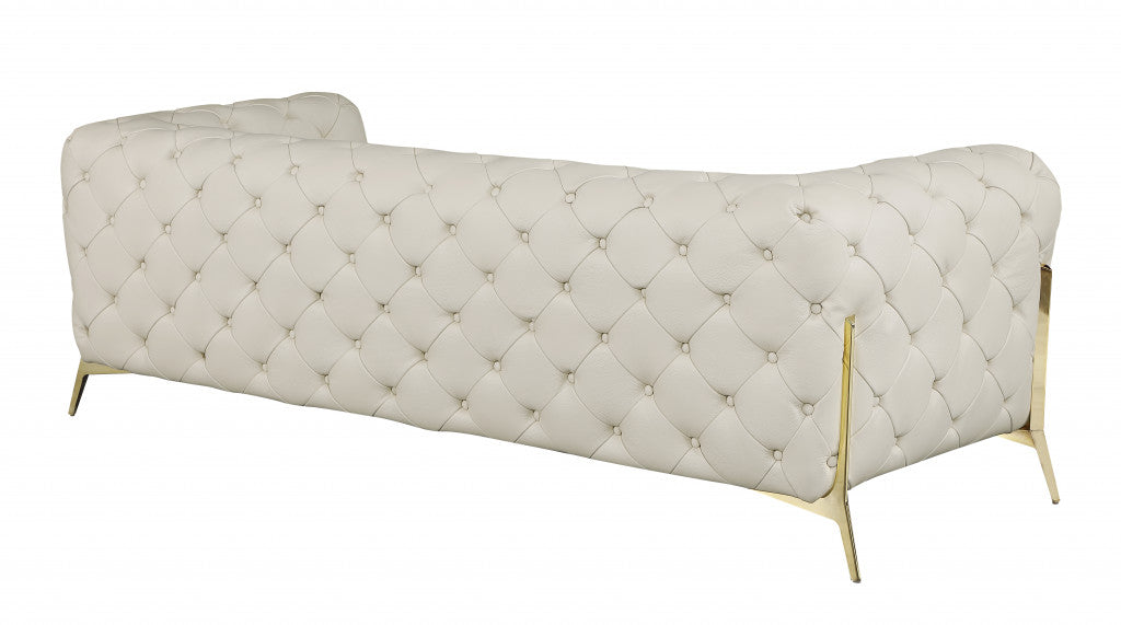 Beige Italian Leather Chesterfield Sofa With Silver Legs