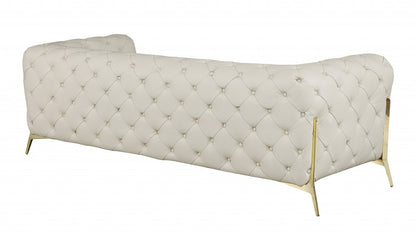 Beige Italian Leather Chesterfield Sofa With Silver Legs