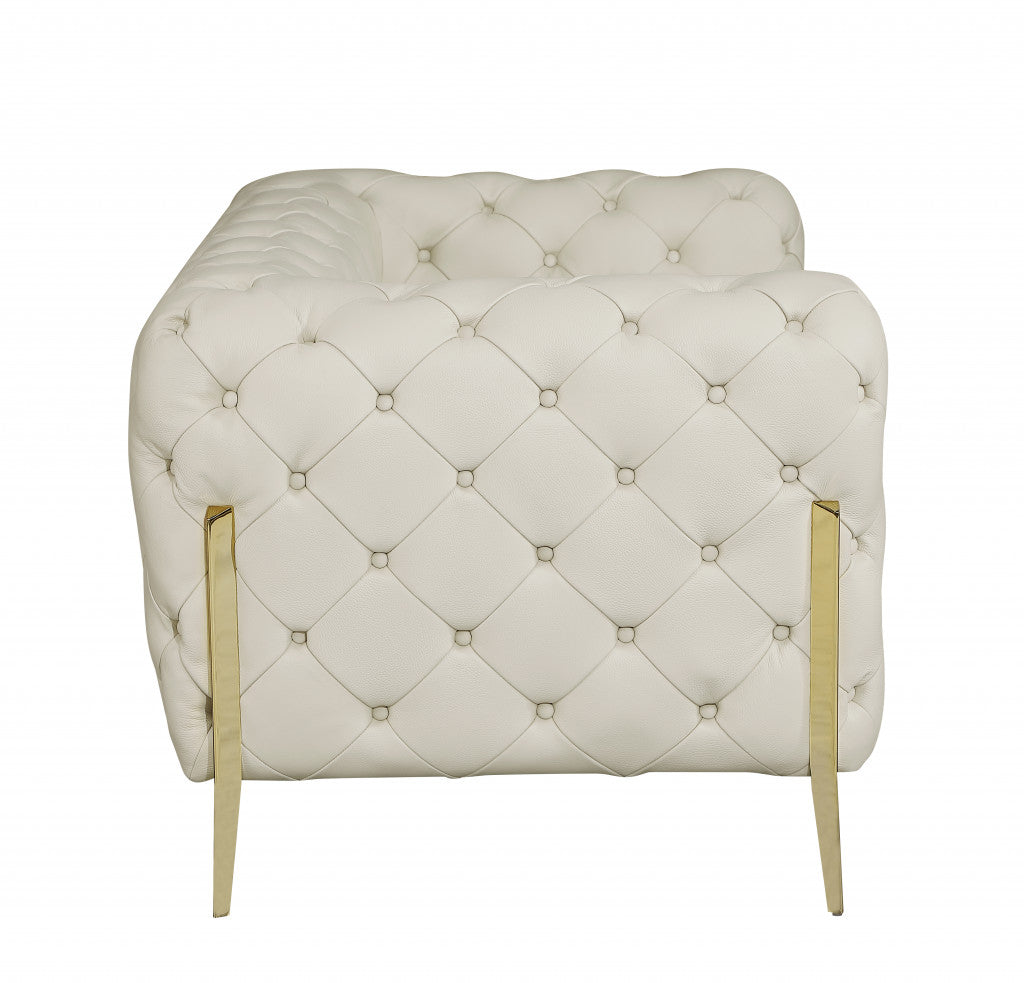 Beige Italian Leather Chesterfield Sofa With Silver Legs