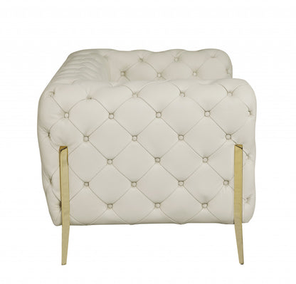 Beige Italian Leather Chesterfield Sofa With Silver Legs