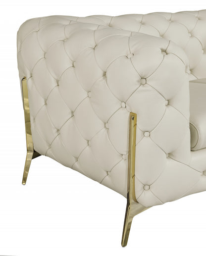 Beige Italian Leather Chesterfield Sofa With Silver Legs