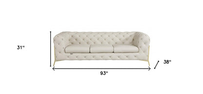 Beige Italian Leather Chesterfield Sofa With Silver Legs