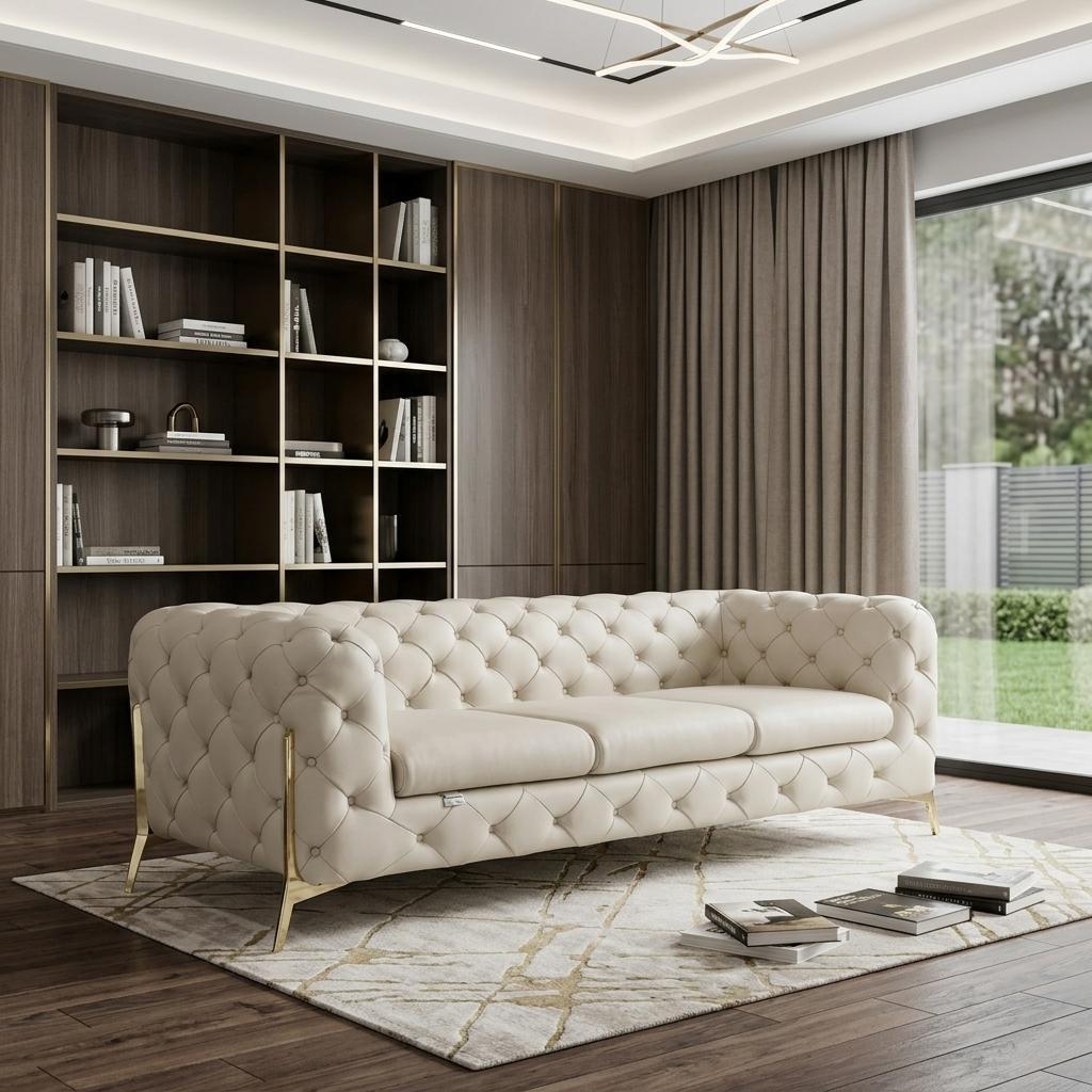 Beige Italian Leather Chesterfield Sofa With Silver Legs