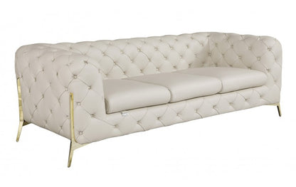 Beige Italian Leather Chesterfield Sofa With Silver Legs