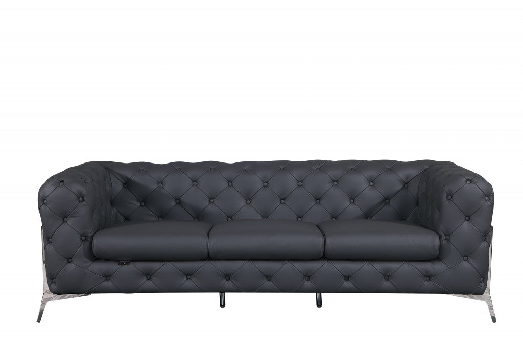 Dark Gray Italian Leather Chesterfield Sofa With Silver Legs