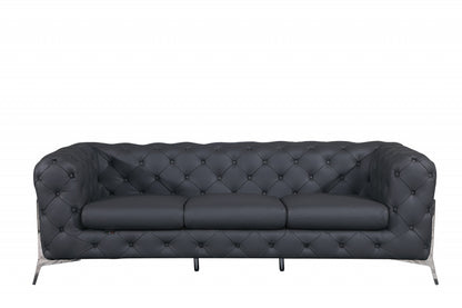 Dark Gray Italian Leather Chesterfield Sofa With Silver Legs