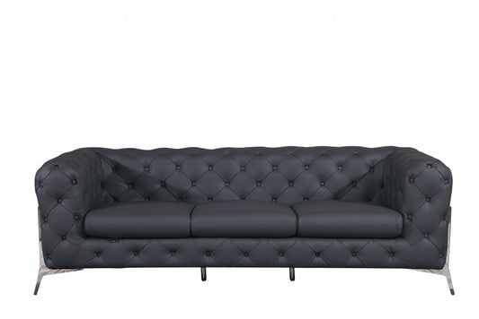 Dark Gray Italian Leather Chesterfield Sofa With Silver Legs