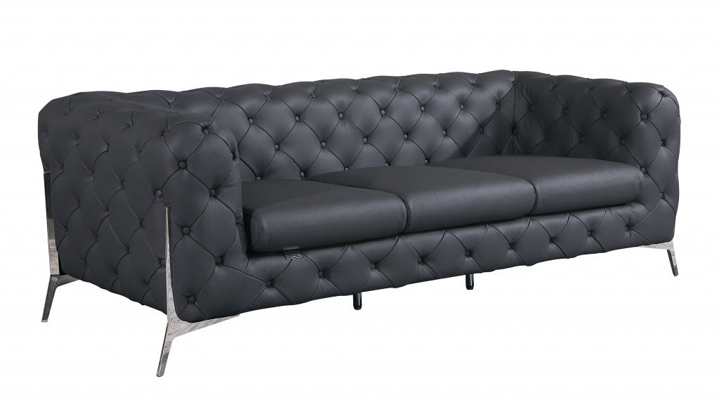 Dark Gray Italian Leather Chesterfield Sofa With Silver Legs