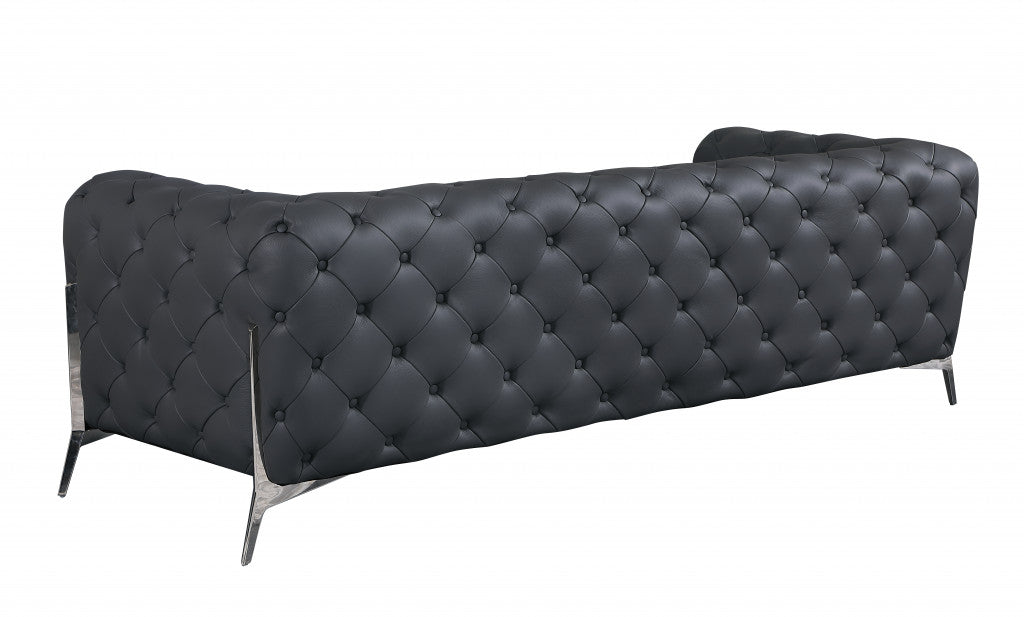Dark Gray Italian Leather Chesterfield Sofa With Silver Legs