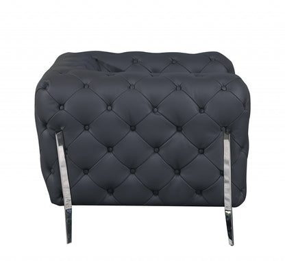 Dark Gray Italian Leather Chesterfield Sofa With Silver Legs