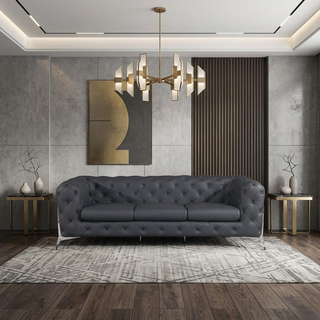 Dark Gray Italian Leather Chesterfield Sofa With Silver Legs