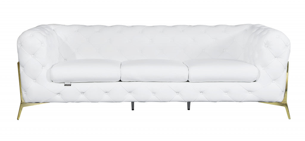 White Italian Leather Chesterfield Sofa With Silver Legs