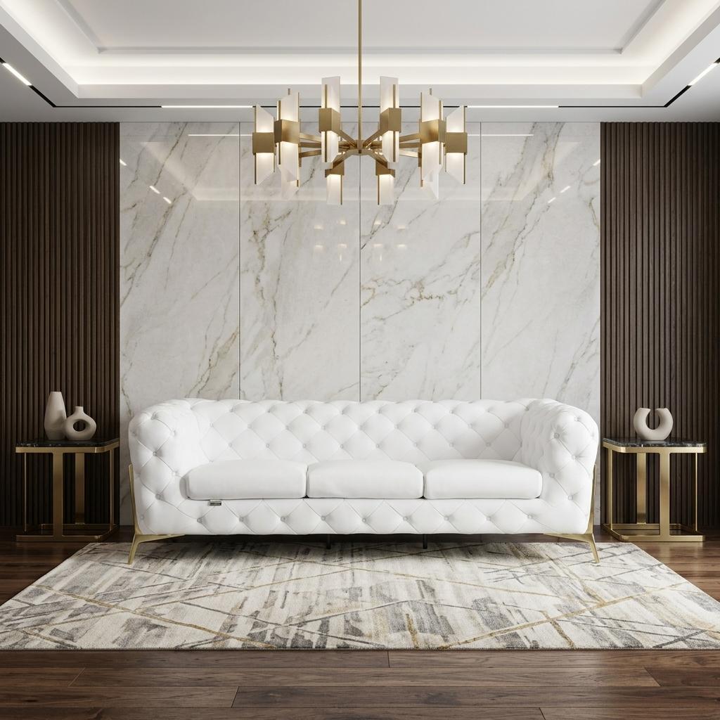 White Italian Leather Chesterfield Sofa With Silver Legs