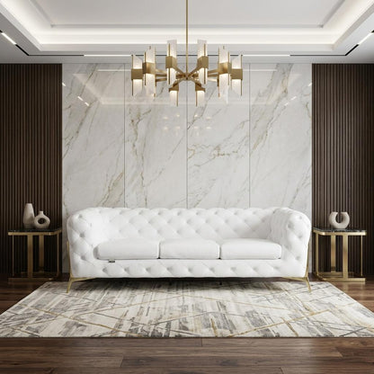 White Italian Leather Chesterfield Sofa With Silver Legs