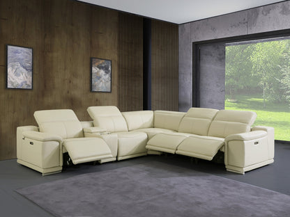 Beige Italian Leather U Shaped 6 Piece Sectional w/ Console