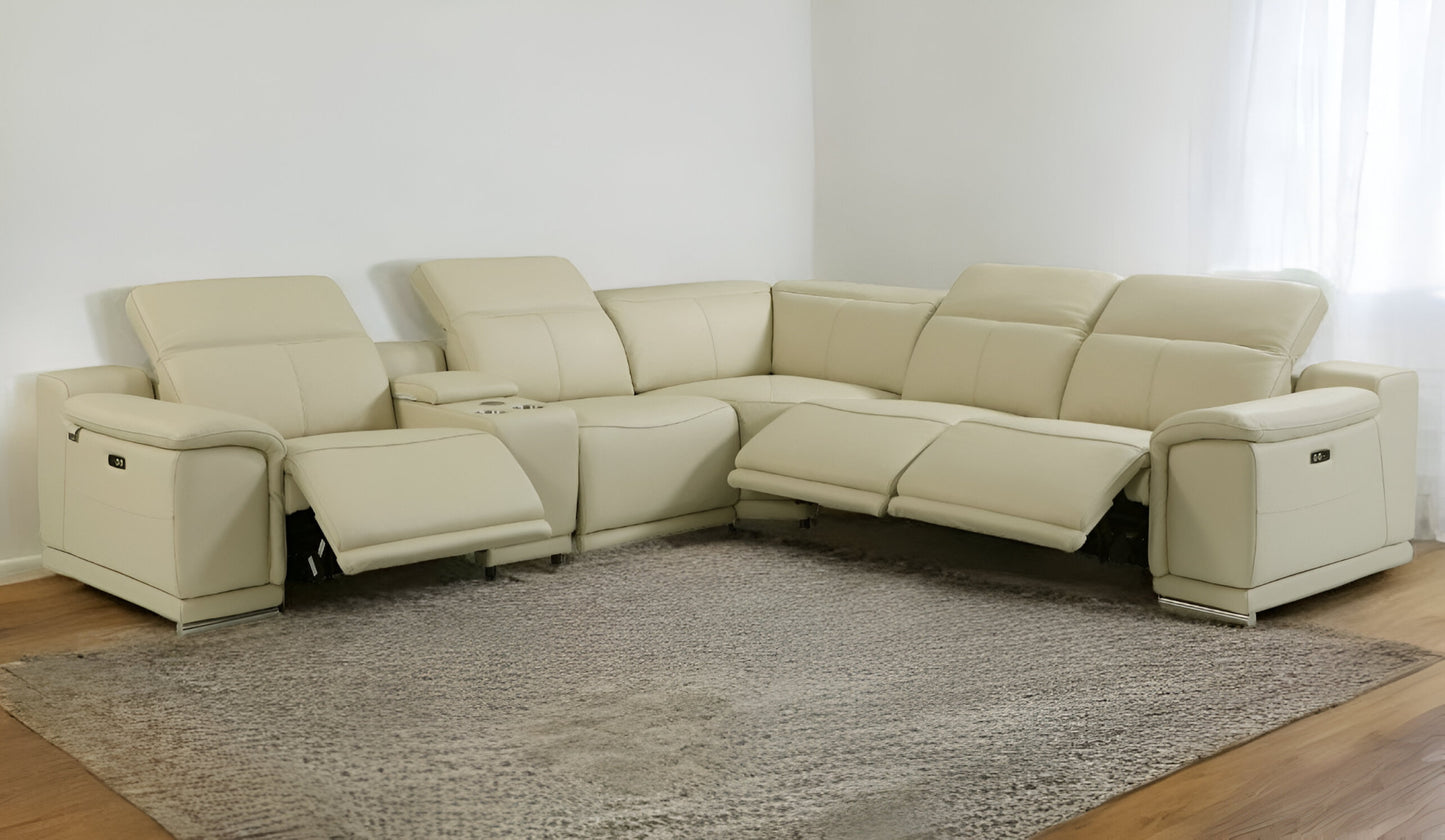 Beige Italian Leather U Shaped 6 Piece Sectional w/ Console