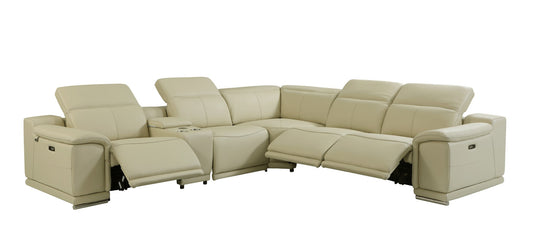 Beige Italian Leather U Shaped 6 Piece Sectional w/ Console