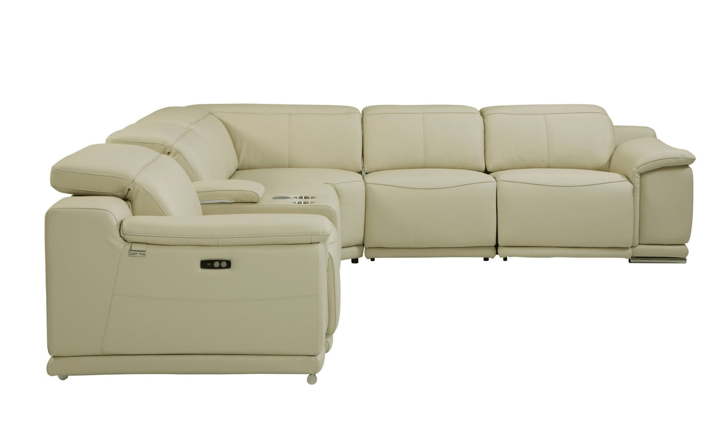 Beige Italian Leather U Shaped 6 Piece Sectional w/ Console