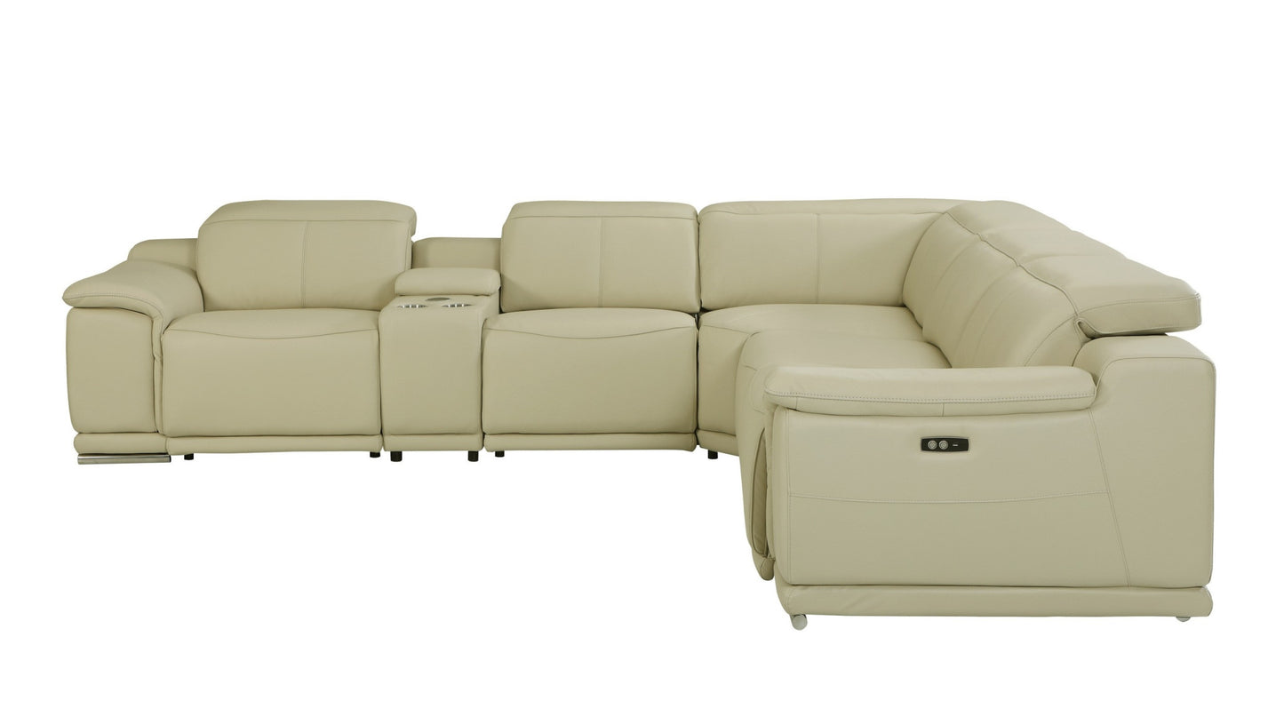 Beige Italian Leather U Shaped 6 Piece Sectional w/ Console