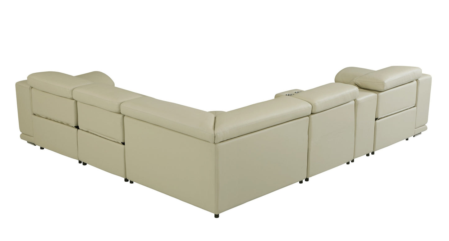 Beige Italian Leather U Shaped 6 Piece Sectional w/ Console