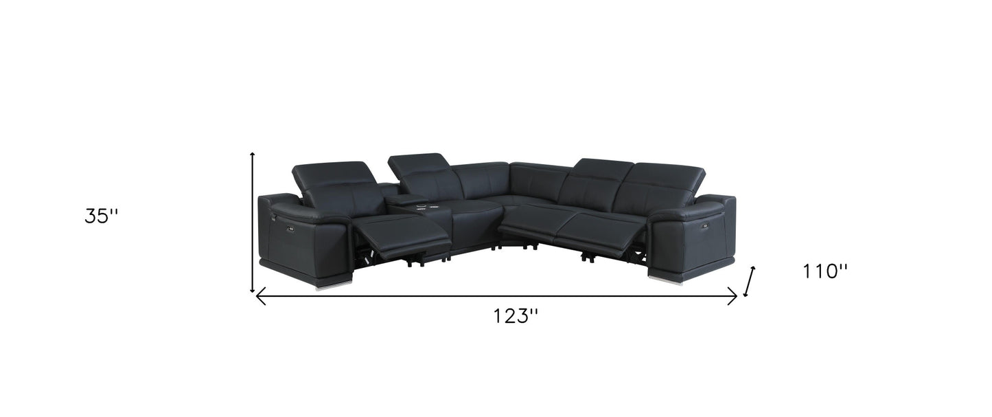 Black Italian Leather U Shaped 6 Piece Sectional w/ Console