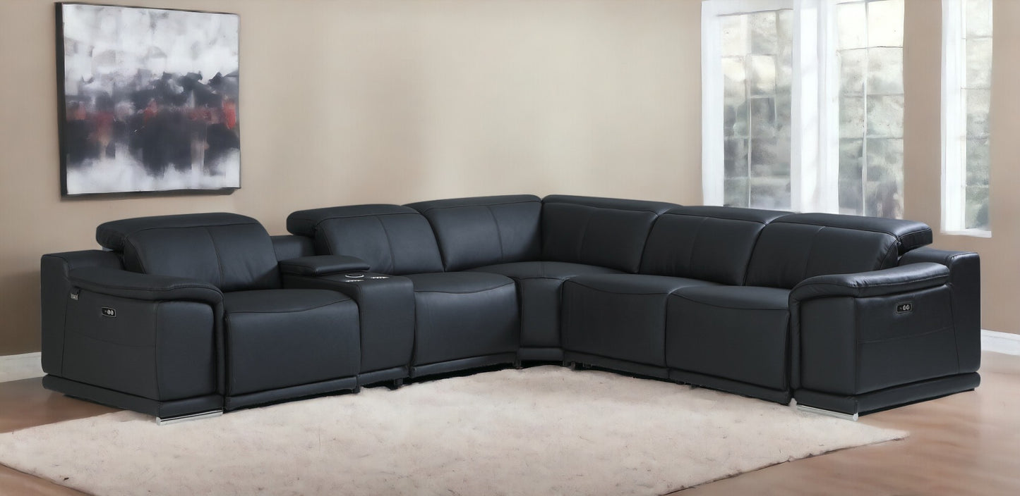 Black Italian Leather U Shaped 6 Piece Sectional w/ Console