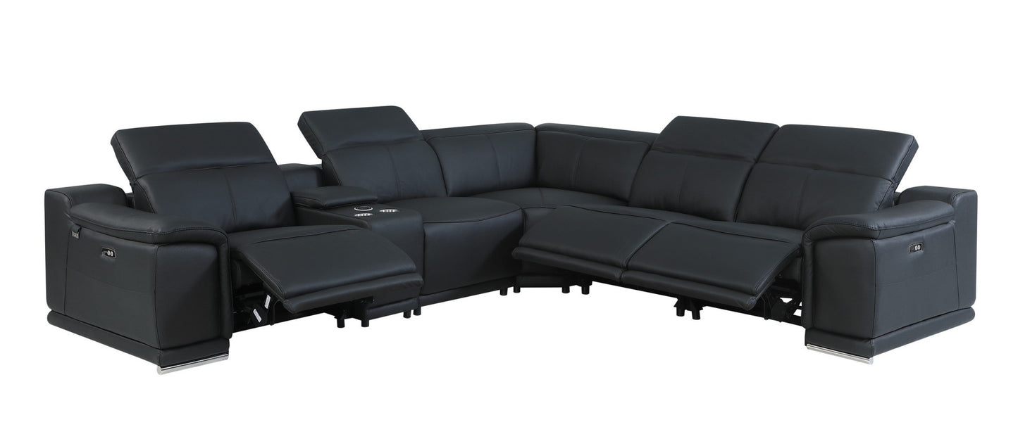 Black Italian Leather U Shaped 6 Piece Sectional w/ Console