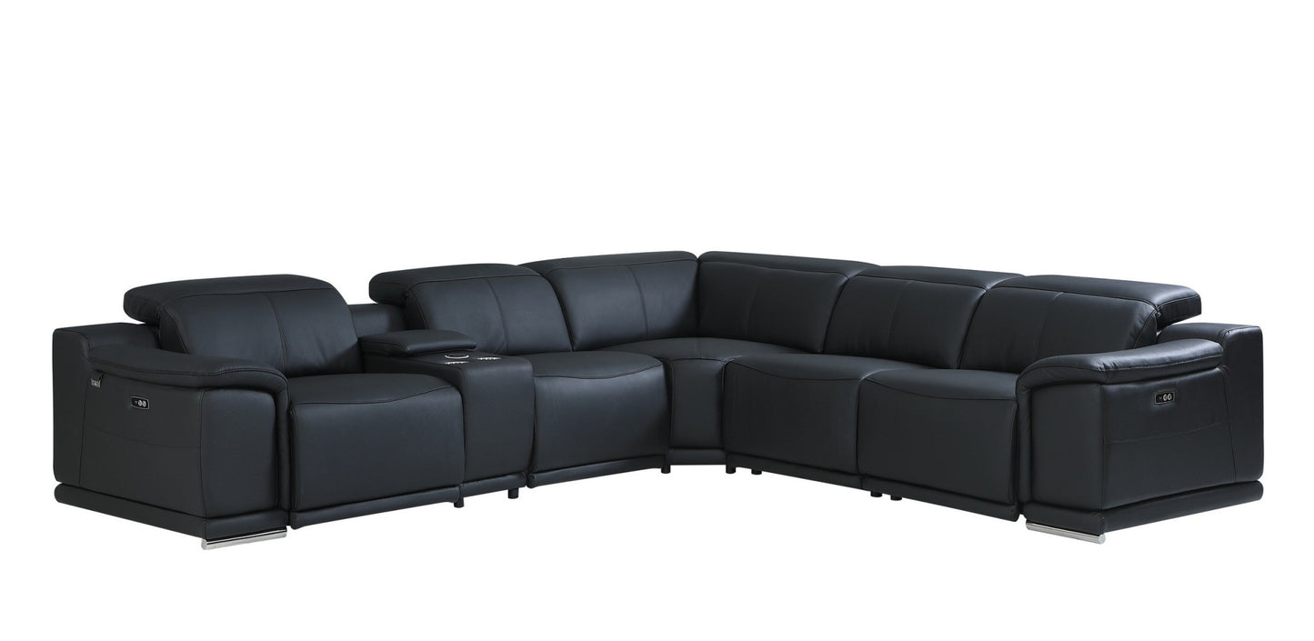 Black Italian Leather U Shaped 6 Piece Sectional w/ Console