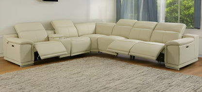 Beige Italian Leather U Shaped Seven Piece Sectional w/ Console