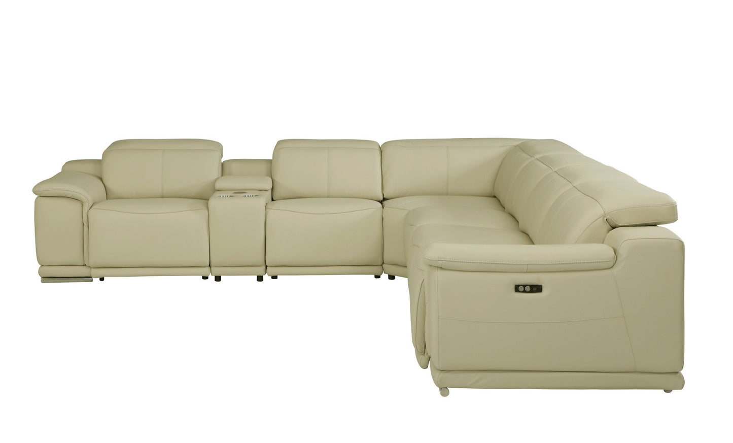 Beige Italian Leather U Shaped Seven Piece Sectional w/ Console